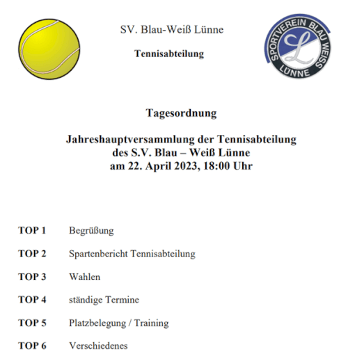 Jahreshauptversammlung der Tennisabteilung am 22. April 2023
