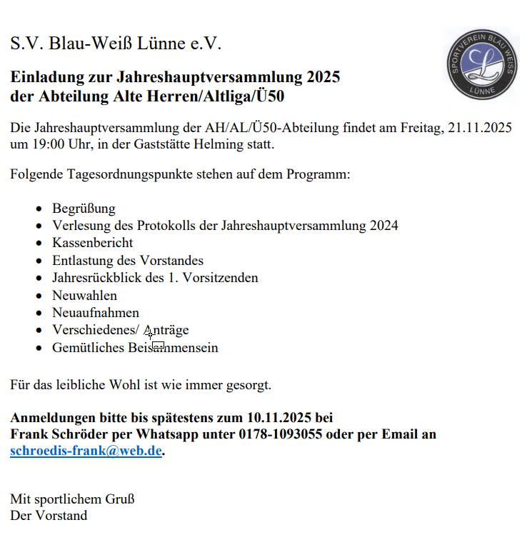 Jahreshauptversammlung 2025 der Abteilung Alte Herren/Altliga/Ü50